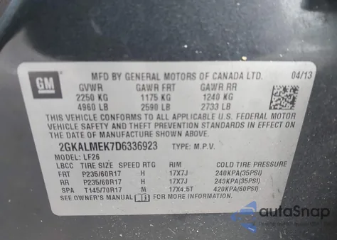 2013 GMC Terrain Sle-1 z USA, uszkodzony, nr VIN 2GKALMEK7D6336923